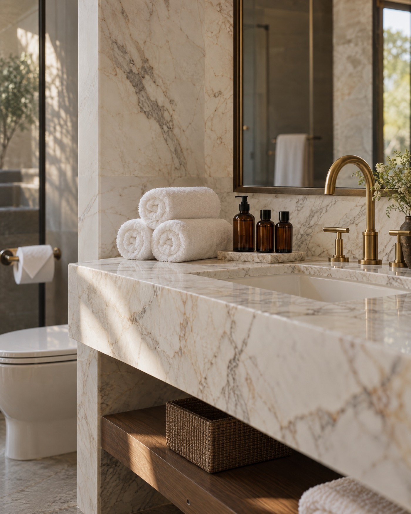 Rolled white towels and amber bottles on a marble vanity