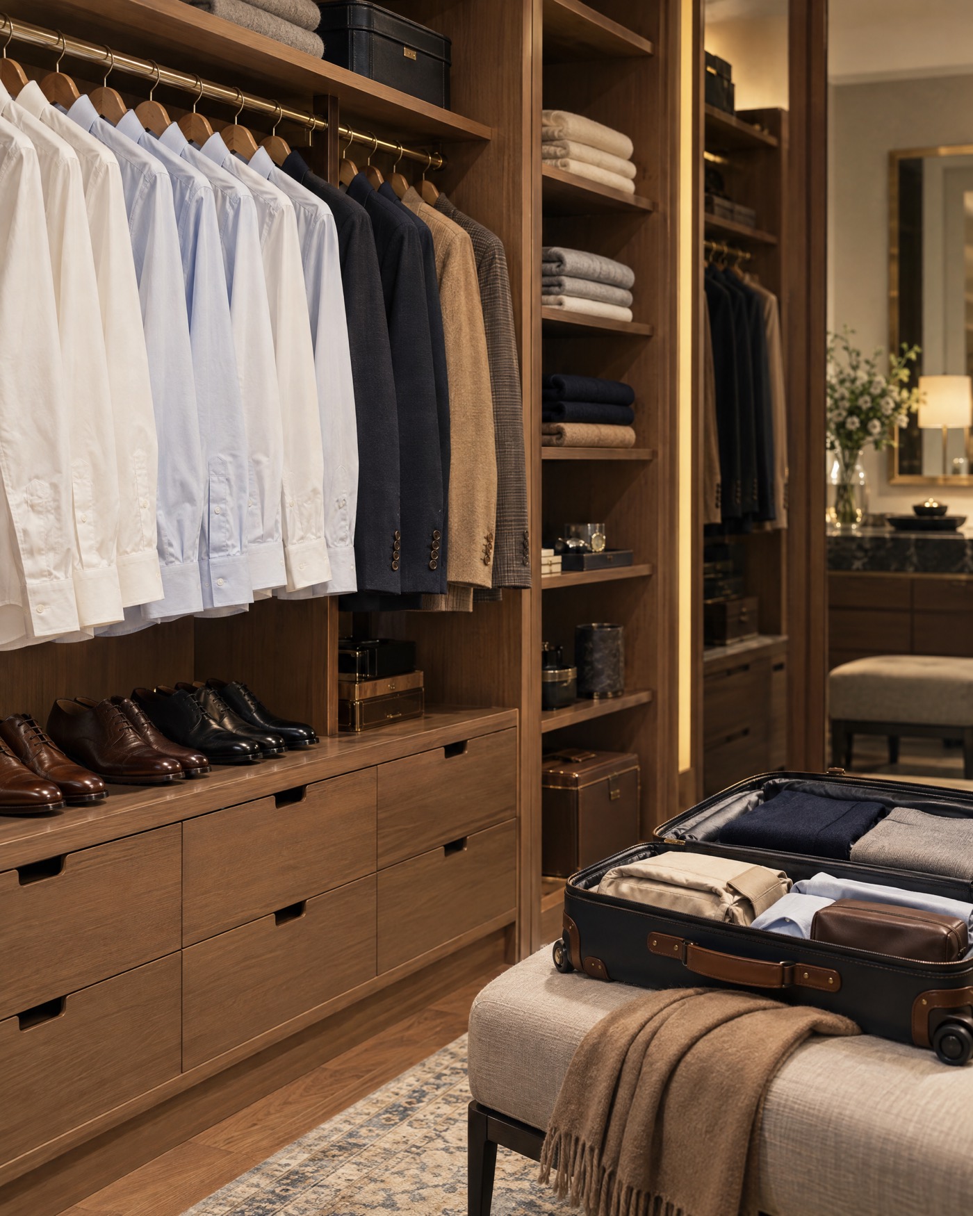 A walk-in closet with pressed shirts, polished shoes and a neatly packed suitcase