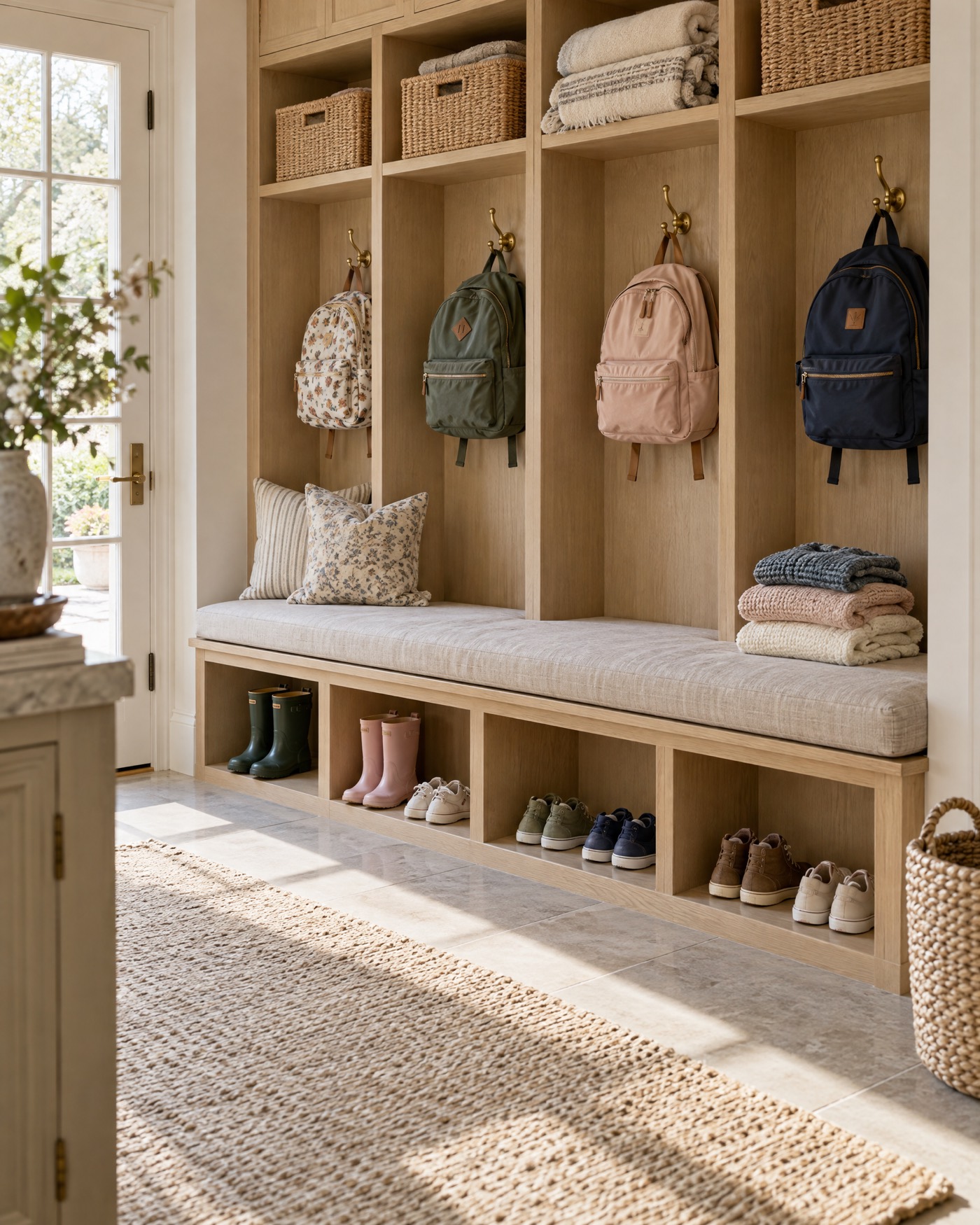 A spotless mudroom with children's backpacks on hooks and boots lined up in pairs