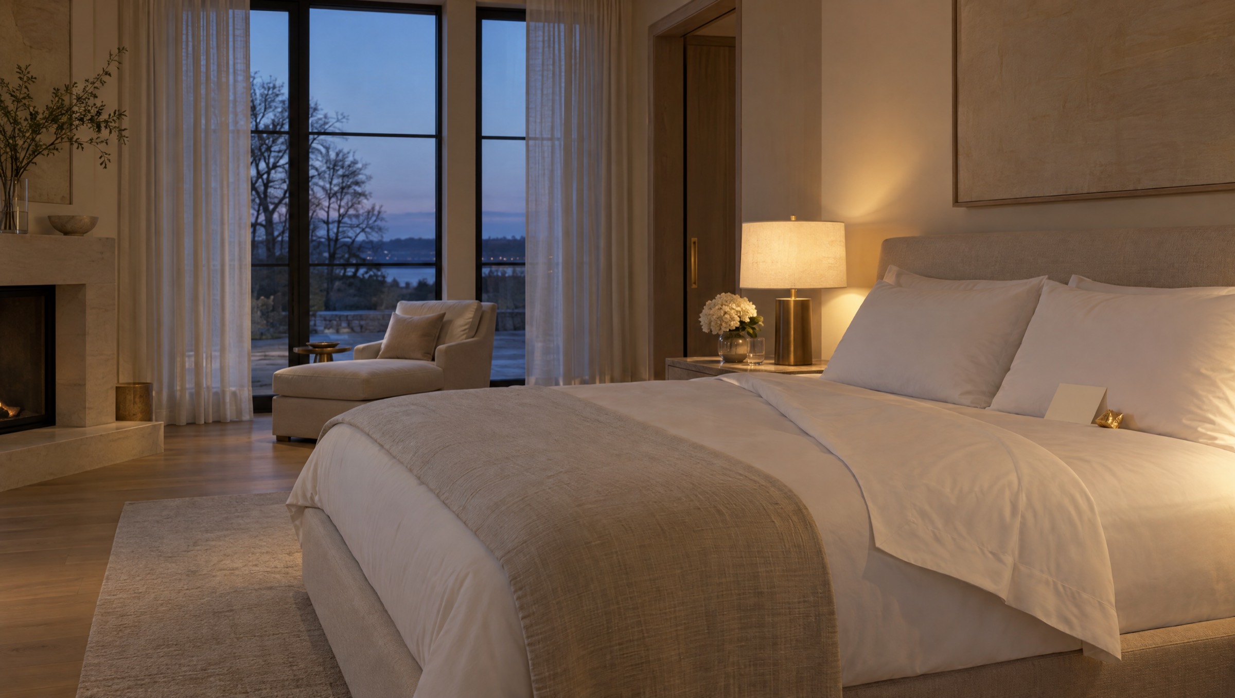 A king bed with pressed white linens turned down at the corner, a small treat and a card on the pillow, lamplight at dusk