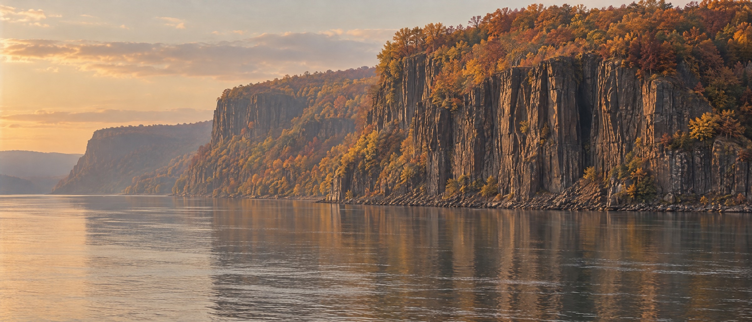 The Hudson River Palisades cliffs at golden hour in autumn