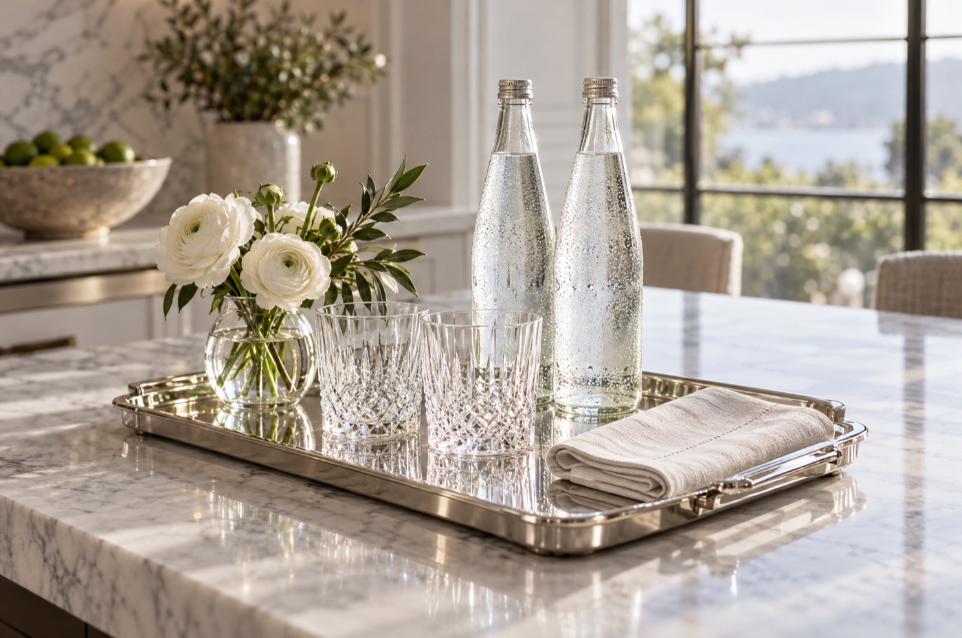 Chilled sparkling water and crystal tumblers on a silver tray